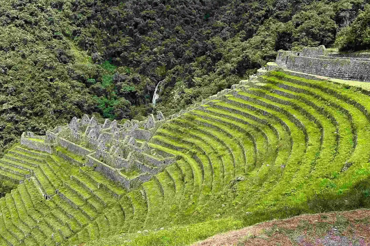The breathtaking express route to Machu Picchu on the Short Inca Trail A dramatic high altitude Andean landscape with massive mountains and a winding river canyon. Part of the stone-paved Inca Trail is visible, leading towards Machu Picchu in the distance.