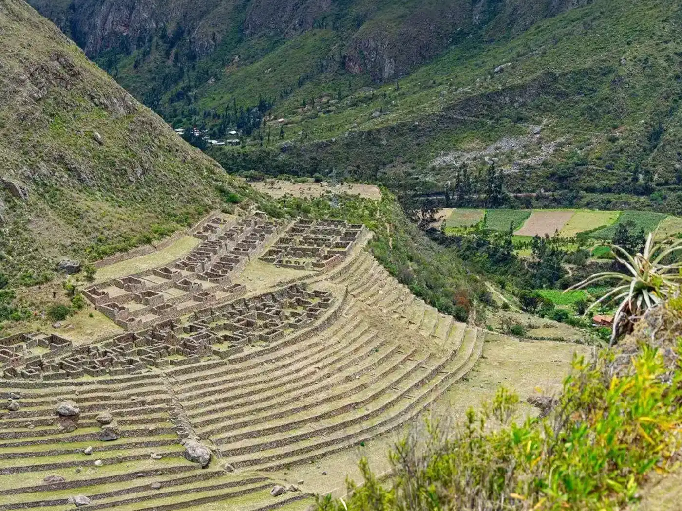 Walk the iconic classic Inca Trail to the Lost City of the Incas A stunning panoramic view of the original stone-paved Inca Trail winding its way up through a dramatic mountain pass. Dense Andean vegetation and other remote ruins are visible in the distance.