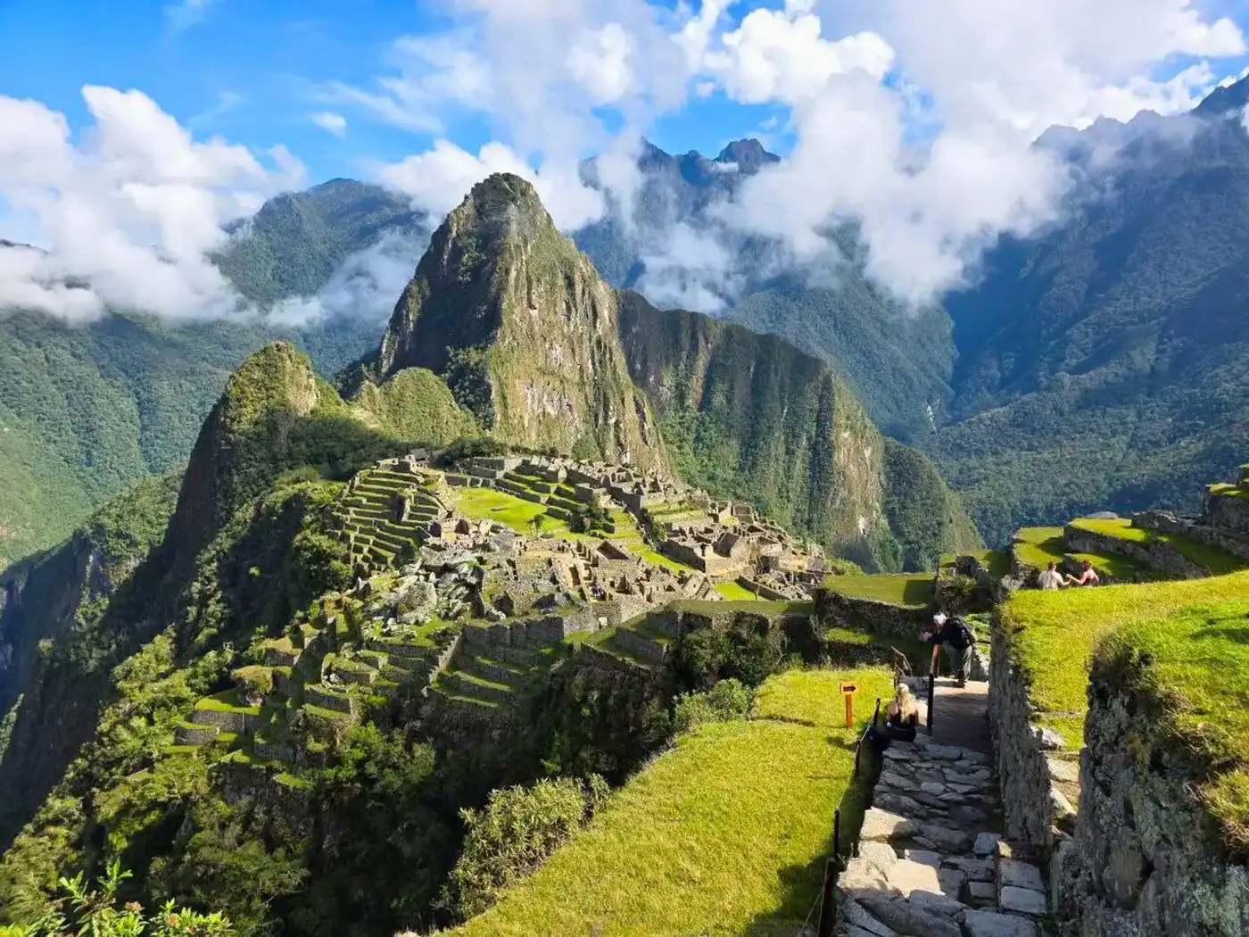 An exclusive, personalized private trek on the historic Inca Trail An imposing view of the original stone-paved Inca Trail as it disappears around a steep mountain curve. Llama and other ancient agricultural terraces are visible, illustrating the path of the Inca royalty.